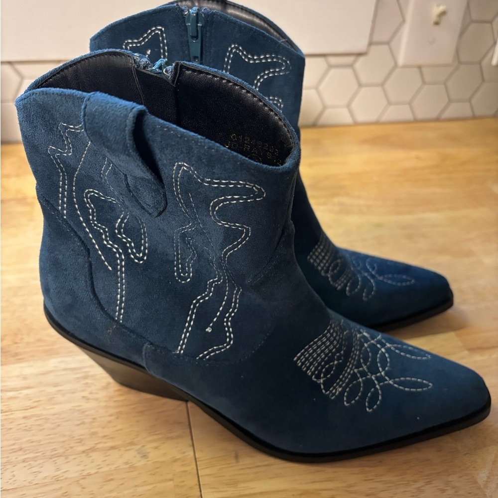 So Me Teal Ankle Boots with White Stitching